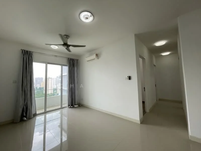 Living features: white painted walls, glossy tile flooring, 5-blade ceiling fan with light, floor-to-ceiling windows, sliding glass door, sheer curtains, wall-mounted split AC, recessed downlights; style: modern; view: city. Room features: white painted walls, glossy tile flooring, recessed downlights.