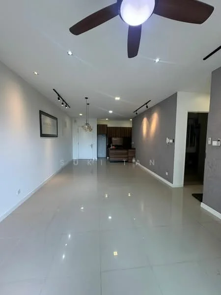 Living features: white painted walls, grey accent wall, polished ceramic tile flooring, recessed downlights, 5-blade ceiling fan with light, track lighting, open layout, large windows, neutral color palette, decorative wall art, wall-mounted TV, dining area visible in background; style: modern.