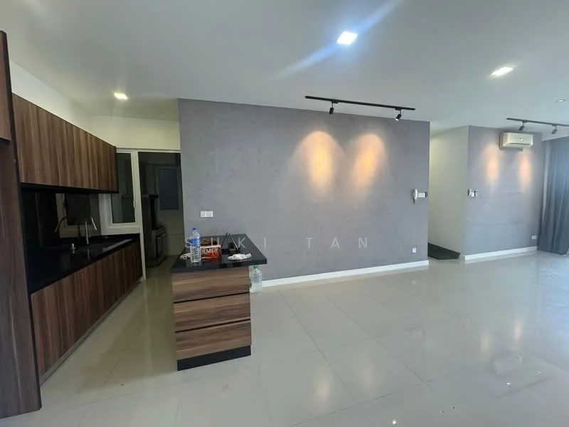 Living features: grey accent wall, white painted walls, polished tile flooring, recessed downlights, track lighting, open kitchen layout, kitchen island with cabinetry, floor-to-ceiling windows, air conditioning unit; style: modern.