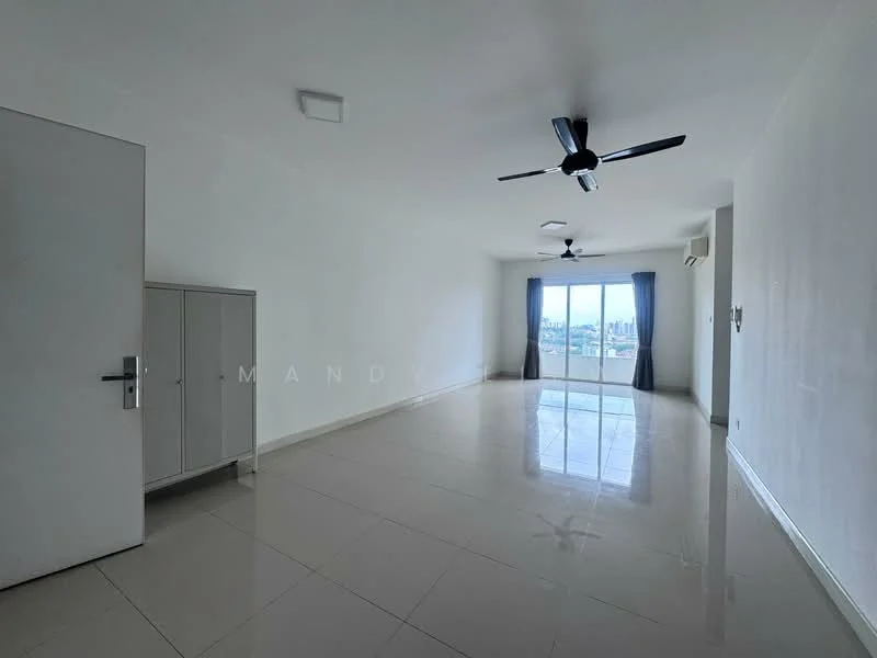 Living features: white painted walls, glossy ceramic tile flooring, 2 ceiling fans, floor-to-ceiling windows, sliding glass door, sheer curtains, air conditioning unit, recessed downlights; style: modern; view: city.