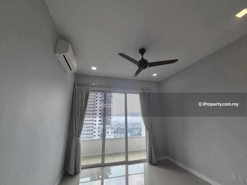 Room features: grey painted walls, floor-to-ceiling sliding glass door, white ceiling, recessed LED downlights, 5-blade ceiling fan, curtains, tile flooring, air conditioning unit; style: modern; view: city.