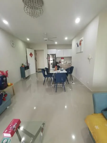 Living features: light grey painted walls, polished ceramic tile flooring, 5-blade ceiling fan with light, sofa in blue fabric, glass coffee table, decorative wall clock, framed artwork on wall, dining table with four blue chairs, kitchen area with white cabinetry, stainless-steel fridge, open layout to kitchen, natural light from windows; style: modern.