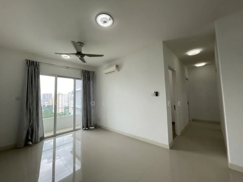 Living features: white painted walls, glossy tile flooring, 5-blade ceiling fan with light, floor-to-ceiling windows, sliding glass door, sheer curtains, wall-mounted split AC, recessed downlights; style: modern; view: city. Room features: white painted walls, glossy tile flooring, recessed downlights.