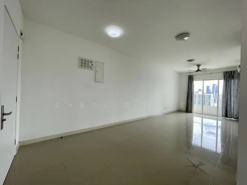 Living features: white painted walls, polished ceramic tile flooring, 5-blade ceiling fan with light, recessed downlights, floor-to-ceiling windows, sliding glass door, grey curtains, city skyline view; style: modern; view: city.