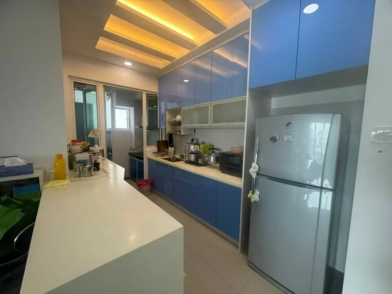 Kitchen features: blue cabinetry, white countertop, stainless-steel fridge, built-in oven, ceramic cooktop, sink with faucet, glass upper cabinets, recessed ceiling lights, tile flooring, open layout, window with view, kitchen island; style: modern.