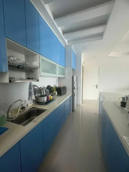 Kitchen features: blue cabinetry, white countertop, stainless-steel sink, chrome pull-down faucet, built-in microwave, freestanding refrigerator, dishwasher, open shelving, tile flooring, recessed ceiling lights; style: modern.