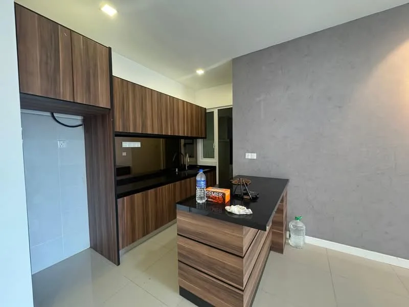 Kitchen features: brown wooden cabinetry, black countertop, built-in sink, black backsplash, stainless-steel faucet, open shelving, recessed lighting, ceramic tile flooring, window with natural light, kitchen island with storage; style: modern.