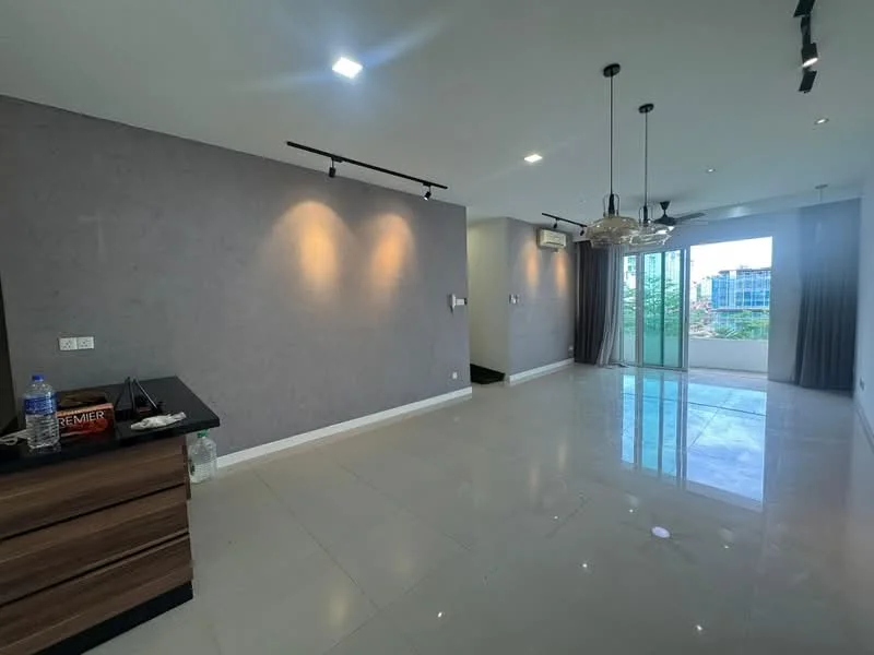 Living features: grey accent wall, white painted walls, polished ceramic tile flooring, recessed downlights, 5-blade ceiling fan with light, pendant light, floor-to-ceiling windows, sliding glass door, curtains, open layout, air conditioning unit, decorative wall, balcony view; style: modern; view: city.