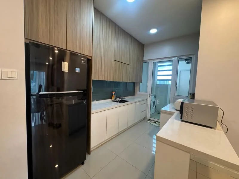 Kitchen features: black fridge, white cabinetry, wooden upper cabinets, white countertop, stainless-steel sink, chrome faucet, glass window, tile flooring, recessed ceiling lights, microwave, kitchen island, open layout; style: modern.