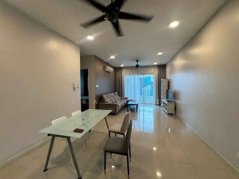 Living features: grey fabric sofa, glass coffee table, 4-seater dining table with white chairs, floor-to-ceiling windows, sliding glass door, light grey painted walls, cream tiled flooring, ceiling fan with light, curtains, air conditioning unit; style: modern; view: city.