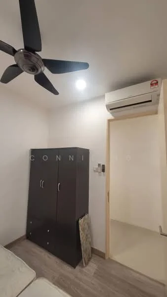 Room features: 5-blade ceiling fan, recessed LED downlights, wall-mounted split AC, dark wood cabinet, light-colored walls, laminate flooring, doorway leading to another room; style: modern.