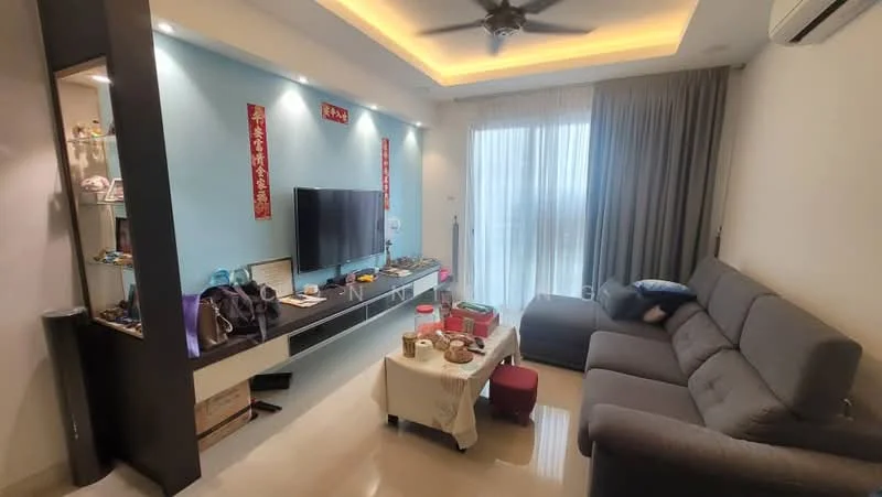 Living features: grey fabric L-shape sectional sofa, white coffee table, wall-mounted TV, black TV console, decorative wall with blue paint, recessed ceiling lights, ceiling fan with light, floor-to-ceiling windows with sheer curtains, light grey curtains, decorative items on shelves, marble tile flooring; style: modern; view: city.
