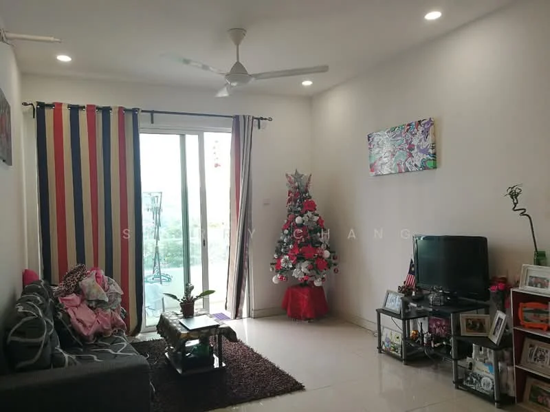 Living features: grey fabric sofa, coffee table, wall-mounted TV, decorative wall art, floor-to-ceiling sliding glass door, sheer curtains, striped curtains, decorative Christmas tree, recessed downlights, glossy tile flooring, wall-mounted photo frames, area rug; style: modern; view: city.