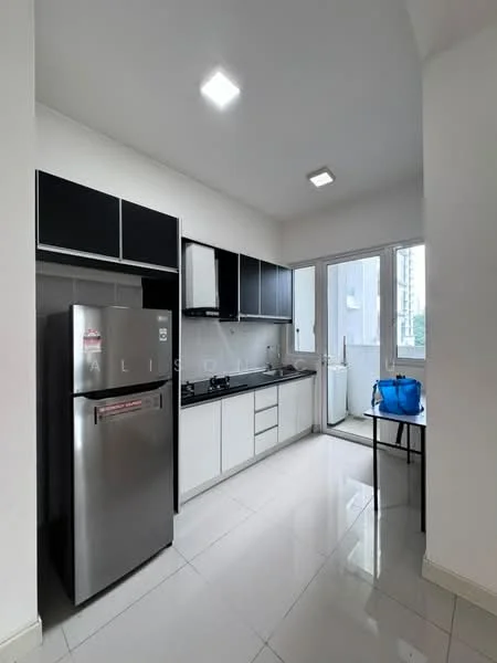 Kitchen features: stainless-steel fridge, black cabinetry, white lower cabinets, black countertop, ceramic tile flooring, recessed LED downlights, window with city view, door leading to balcony, sink, kitchen island with seating, wall-mounted cabinets; style: modern; view: city.
