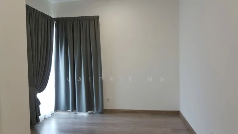 Room features: grey curtains, large window, light wood flooring, white painted walls.