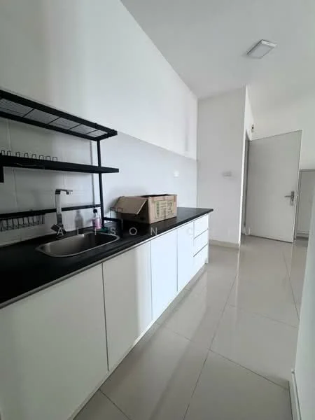 Kitchen features: white cabinetry, black countertop, single-bowl stainless-steel sink, chrome pull-down faucet, open shelving, wall-mounted storage rack, ceramic tile flooring, recessed downlights, white walls, door leading to another room; style: modern.