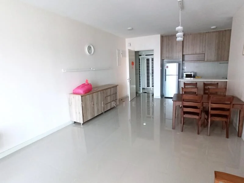 Living features: white painted walls, glossy tile flooring, recessed downlights, dining table with 4 wooden chairs, sideboard cabinet, fridge, built-in kitchen cabinetry, microwave, open layout, window with natural light; style: modern.