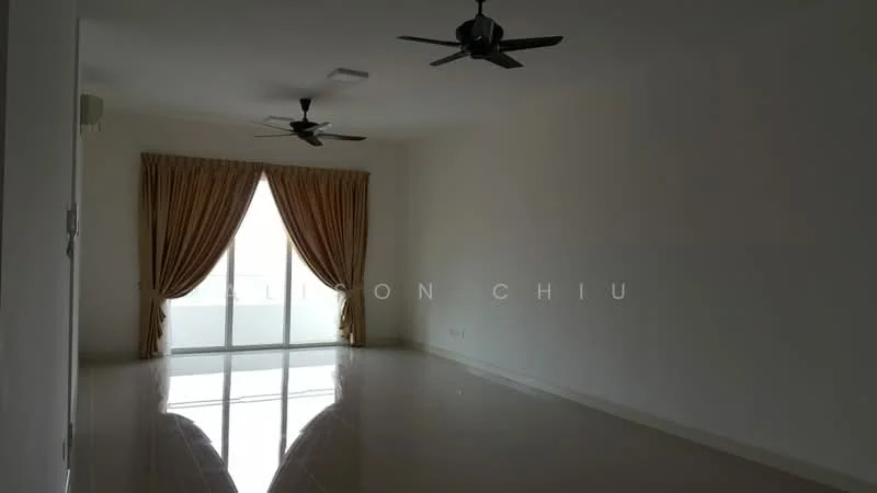 Living features: 2 ceiling fans, large sliding glass door, curtains in beige, white painted walls, polished tile flooring, natural light from windows, open layout, no visible furniture; style: modern.