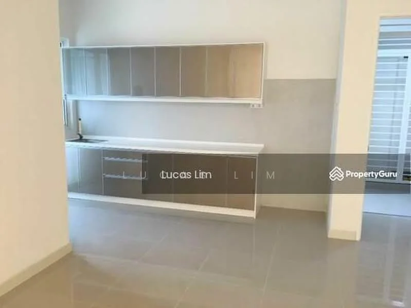 Kitchen features: white cabinetry with glass-front upper cabinets, grey lower cabinets, white countertop, single-bowl stainless-steel sink, chrome pull-down faucet, ceramic tile flooring, neutral wall colour, window with blinds; style: modern.
