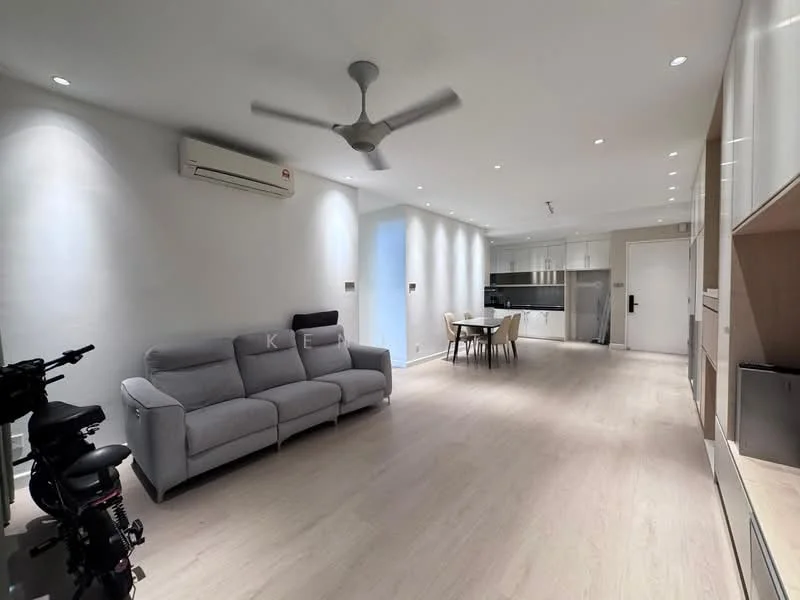 Living features: 3-seater fabric sofa in grey, ceiling fan, wall-mounted split AC, light wood flooring, recessed LED downlights, dining table for 4, 4 dining chairs, kitchen area visible in background, white painted walls, open layout, decorative wall paneling; style: modern.