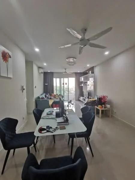Living features: 5-blade ceiling fan with light, chandelier, white painted walls, polished tile flooring, floor-to-ceiling windows, sliding glass door, black dining table, 4 upholstered dining chairs, TV console, decorative plants, sofa with colorful cushions, open shelving unit; style: modern; view: garden.