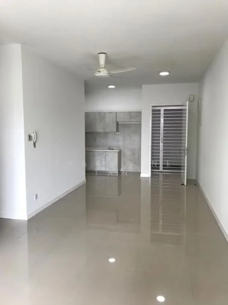 Living features: white painted walls, glossy tile flooring, 5-blade ceiling fan with light, recessed downlights, open kitchen layout, kitchen cabinetry with grey finish, countertop with grey surface, sliding glass door, interior door with grille, telephone intercom, natural light from windows; style: modern.