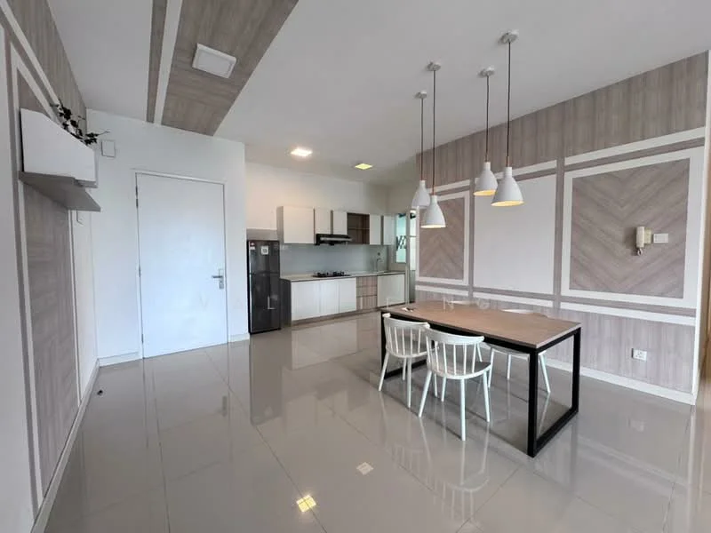 Dining features: dining table with black surface, 4 white dining chairs, grey tiled flooring, white painted walls, wood panel accent wall, recessed ceiling lights, 3 pendant lights above dining table, open kitchen layout, kitchen cabinetry with light wood finish, kitchen countertop with dark surface, kitchen appliances visible, air conditioning unit on wall; style: modern.