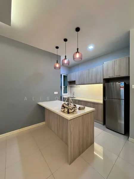 Kitchen features: island countertop with light wood finish, white quartz countertop, stainless-steel fridge, built-in cabinetry with wood finish, pendant lighting with glass shades, recessed lighting, white backsplash, ceramic tile flooring; style: modern.