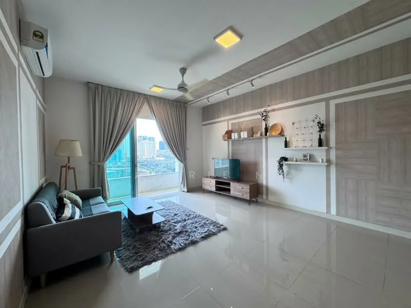 Living features: grey fabric sofa, area rug with geometric pattern, wooden coffee table, TV console, wall-mounted TV, floor-to-ceiling windows, curtains, recessed LED downlights, ceiling fan, decorative wall shelving, decorative plants, light-colored walls with wood paneling, glossy tile flooring; style: modern; view: city.