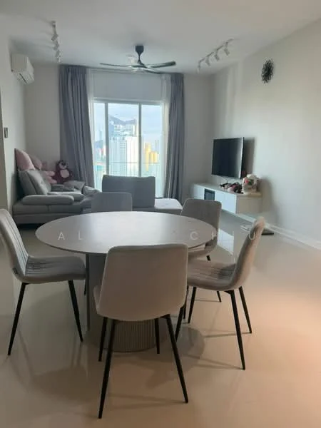 Living features: floor-to-ceiling windows, city view, 3-seater fabric sofa in grey, dining table with round top, 4 upholstered dining chairs, wall-mounted TV, white TV console, ceiling fan with light, light-colored walls, recessed downlights, decorative wall clock; style: modern; view: city.