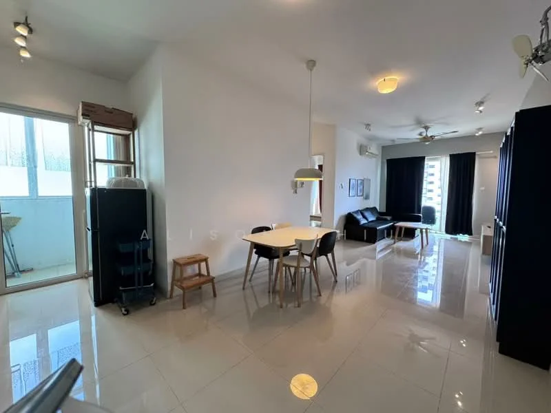 Living features: white painted walls, glossy tile flooring, 5-blade ceiling fan, sofa in black, round dining table, 4 dining chairs, refrigerator in black, sliding glass door, floor-to-ceiling windows, curtains in black, air conditioning unit; style: modern; view: city. Room features: open layout, natural light from windows.