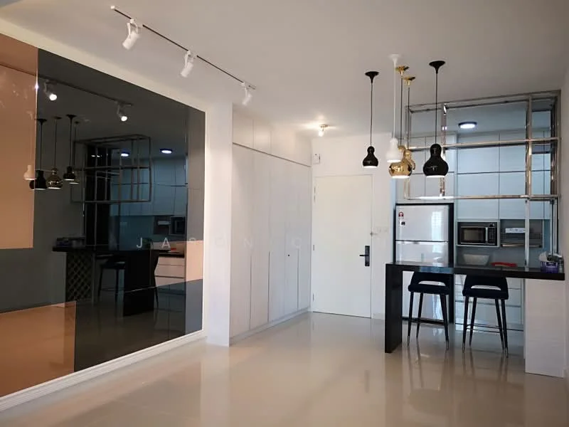 Living features: white painted walls, glossy tile flooring, recessed downlights, pendant lighting, black bar stools, kitchen island with countertop, built-in cabinetry, open kitchen layout, microwave, built-in oven; style: modern.