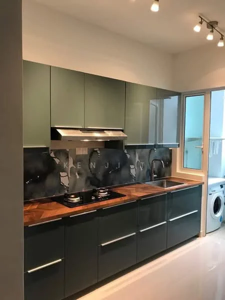 Kitchen features: green glossy cabinetry, wooden countertop, stainless-steel range hood, 2-burner gas hob, built-in oven, stainless-steel sink, chrome pull-down faucet, black marble backsplash, white walls, recessed LED downlights, floor-to-ceiling window, washing machine, ceramic tile flooring; style: modern.