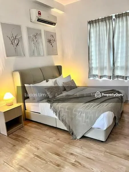 Bedroom features: queen-size bed, upholstered headboard, bedside lamp, wooden nightstand, light grey throw blanket, decorative pillows, wall-mounted air conditioning unit, curtains with sheer fabric, wooden flooring, framed artwork on walls; style: modern.