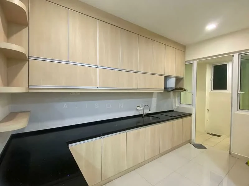 Kitchen features: light wood cabinetry, black granite countertop, single-bowl stainless-steel sink, chrome pull-down faucet, built-in kitchen hood, ceramic tile flooring, white painted walls, recessed LED downlights, floor-to-ceiling cabinets, open shelving; style: modern. Room features: window with white frame, ceramic tile flooring.