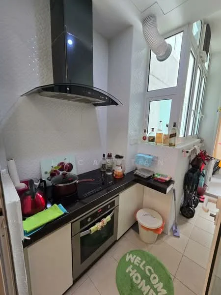 Kitchen features: black countertop, white cabinets, built-in oven, stainless-steel range hood, single-bowl stainless-steel sink, chrome pull-down faucet, ceramic tile flooring, wall-mounted shelves, window with natural light, decorative welcome mat, various kitchen appliances, bottles on shelf; style: modern.