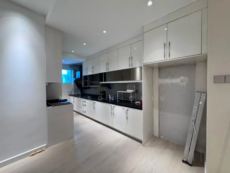 Kitchen features: white cabinetry with glossy finish, black granite countertop, stainless-steel sink, chrome pull-down faucet, built-in oven, freestanding range oven, microwave, recessed LED downlights, tile backsplash, floor-to-ceiling cabinets, open shelving, vinyl plank flooring; style: modern.