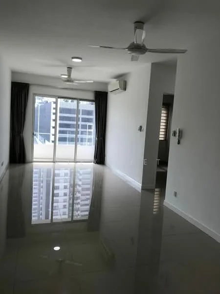 Living features: white painted walls, polished ceramic tile flooring, 5-blade ceiling fan with light, recessed LED downlights, floor-to-ceiling windows, sliding glass door, curtains, air conditioning unit; style: modern; view: city.