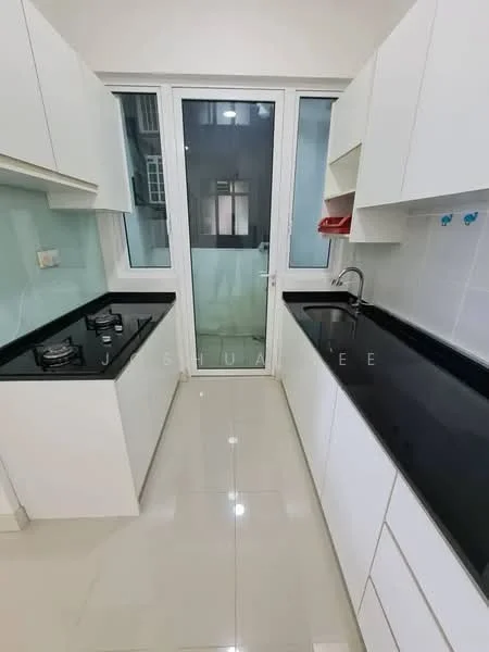 Kitchen features: white cabinetry, black countertop, double-bowl stainless-steel sink, chrome pull-down faucet, 2-burner gas hob, white tiled backsplash, glass door leading to outside, white walls, polished tile flooring, under-cabinet lighting; style: modern.