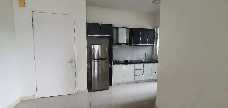 Kitchen features: white cabinets with black handles, stainless-steel fridge, built-in gas stove, black countertop, white tiled backsplash, single-bowl stainless-steel sink, chrome pull-down faucet, wall-mounted cabinets, floor tiles in light color, window for natural light; style: modern.
