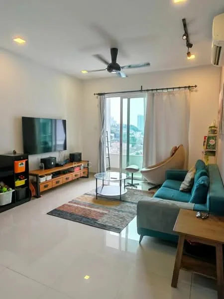Living features: 3-seater fabric sofa in teal, coffee table with glass top, TV console with storage, wall-mounted flat-screen TV, area rug with geometric pattern, ceiling fan with light, floor-to-ceiling windows, curtains, wooden side table, decorative wall art, open shelving unit, potted plants; style: modern; view: city.