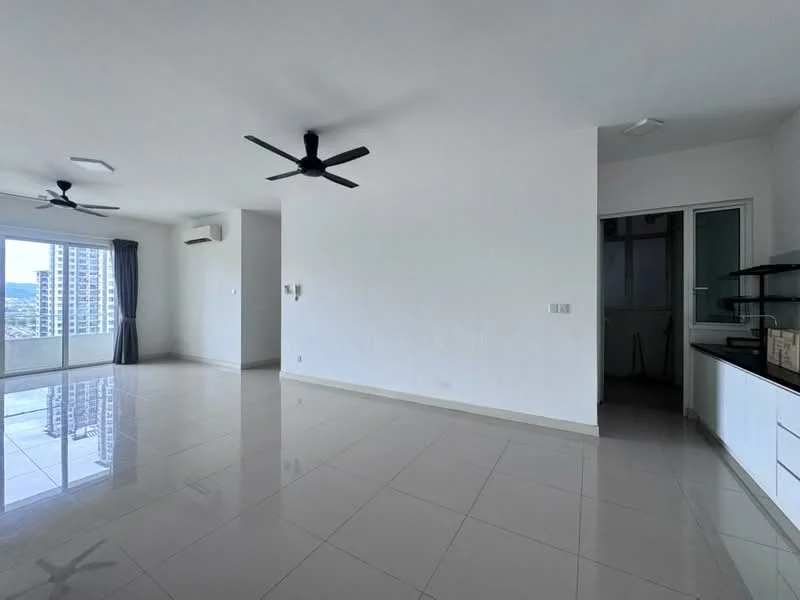 Living features: white painted walls, glossy ceramic tile flooring, 2 ceiling fans, floor-to-ceiling windows, curtains, air conditioning unit, open layout, natural light; style: modern; view: city. Kitchen features: white cabinetry, black countertop, sink, kitchen appliances visible; style: modern.