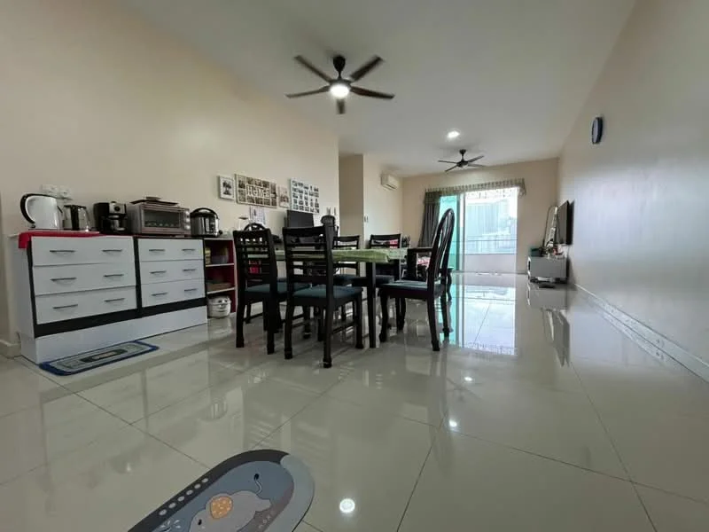 Dining features: white cabinetry with black handles, black dining table with six chairs, refrigerator, microwave, toaster, kettle, ceramic tile flooring, ceiling fan with light, large window with sheer curtains, wall-mounted TV, decorative wall art, open layout to living area, neutral painted walls, area rug with pattern; style: modern.
