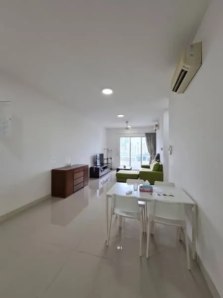 Living features: white painted walls, polished ceramic tile flooring, 5-blade ceiling fan with light, floor-to-ceiling windows, curtains, green fabric sofa, wooden TV console, wall-mounted TV, dining table with 4 chairs, decorative items on table; style: modern; view: city.