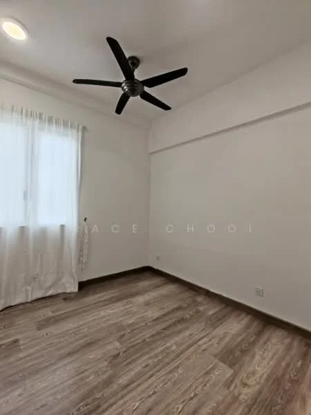 Room features: white painted walls, laminate flooring, 5-blade ceiling fan with light, curtains, window with sheer treatment, light fixture in ceiling; style: modern.