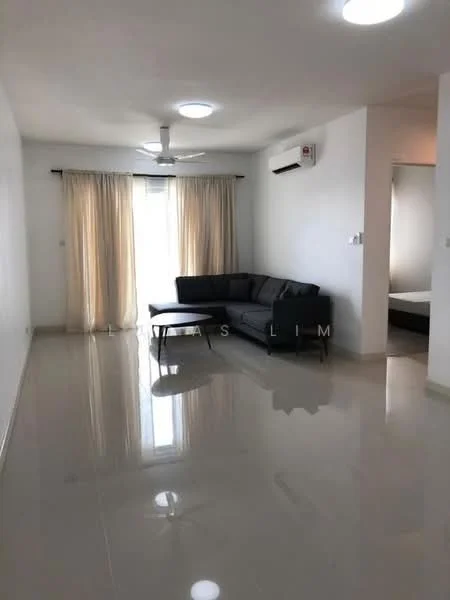 Living features: grey fabric sofa, coffee table, floor-to-ceiling windows, sheer curtains, 5-blade ceiling fan with light, wall-mounted split AC, polished tile flooring, white painted walls, recessed downlights; style: modern.