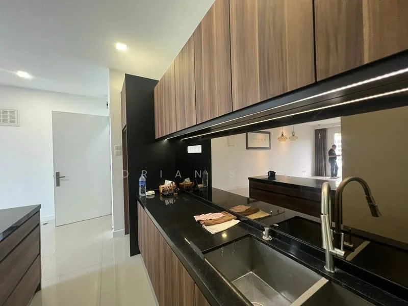 Kitchen features: black granite countertop, wood cabinetry with dark finish, single-bowl stainless-steel sink, chrome pull-down faucet, recessed LED downlights, white walls, ceramic tile flooring, kitchen island, built-in appliances, open shelving; style: modern.