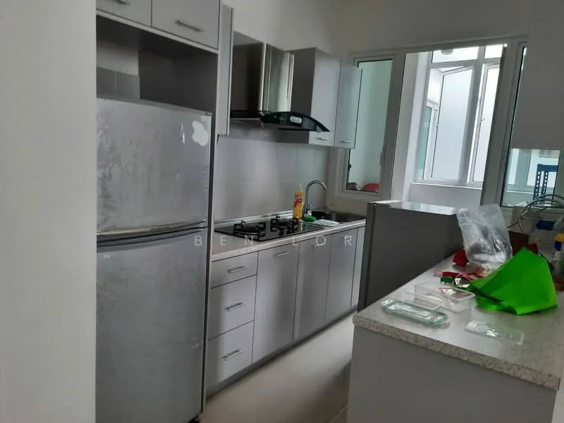 Kitchen features: stainless-steel fridge, built-in oven, 4-burner gas hob, stainless-steel range hood, grey cabinetry, granite countertop, single-bowl stainless-steel sink, window with natural light, tile backsplash, kitchen island, open shelving; style: modern.