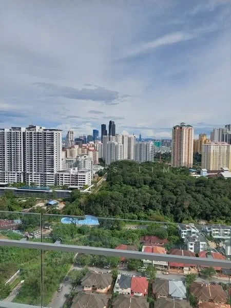Exterior type: high-rise condominium; features: city skyline view, surrounded by greenery, swimming pool visible, multiple high-rise buildings, urban landscape, mixed residential and commercial structures; style: modern.