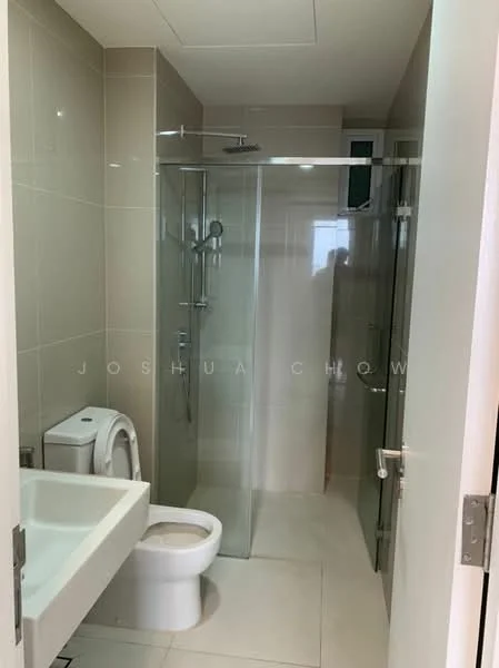 Bathroom features: glass shower enclosure, rain shower head, handheld shower, white toilet, single-sink vanity with white cabinet, mirror above sink, grey tiled walls, white tiled flooring, chrome faucet, built-in shelving, recessed lighting; style: modern.